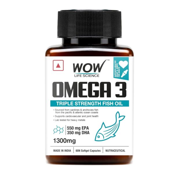 WOW Life Science Omega-3 Fish Oil 1300 mg Triple Strength - 550mg EPA & 350mg DHA for Joints, Heart & Brain Health 60 Capsules